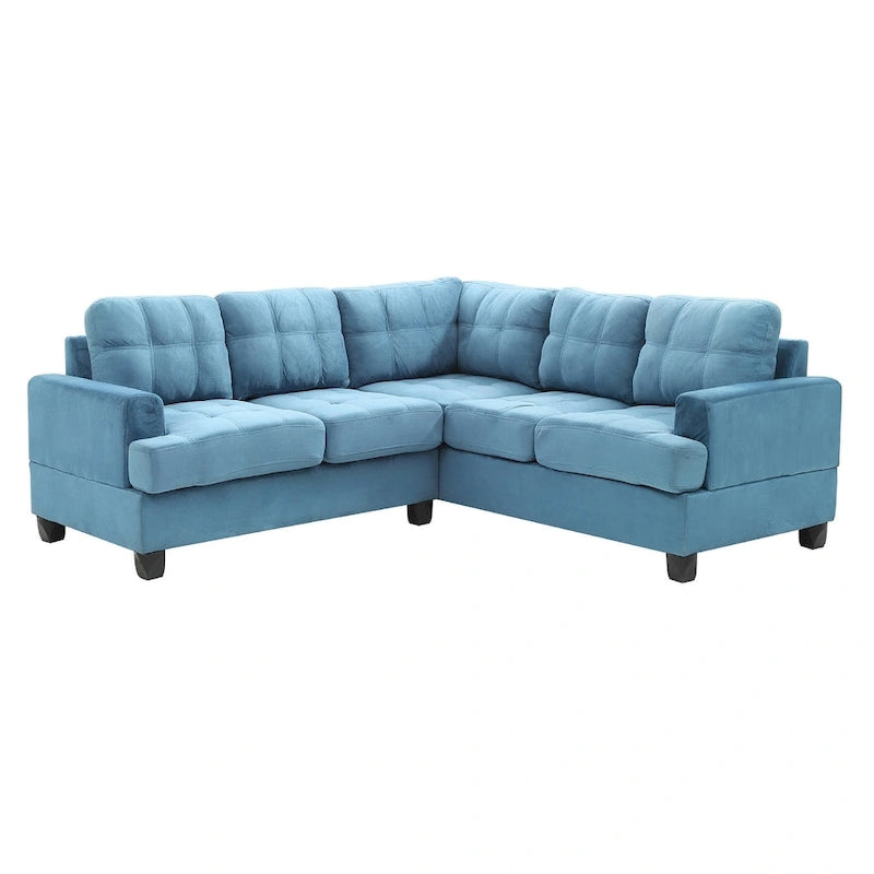 Divano sezionale a L in microfibra blu navy/acqua/grigio/vaniglia, 5 posti