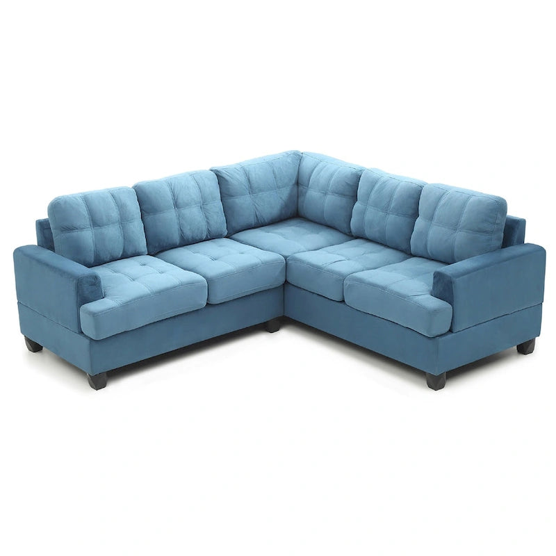 Divano sezionale a L in microfibra blu navy/acqua/grigio/vaniglia, 5 posti