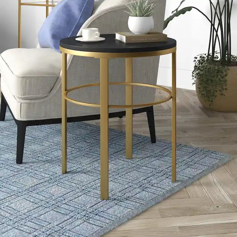 Tavolino rotondo – Bronzo brunito / Ottone, Piano a venatura nera, Per 1