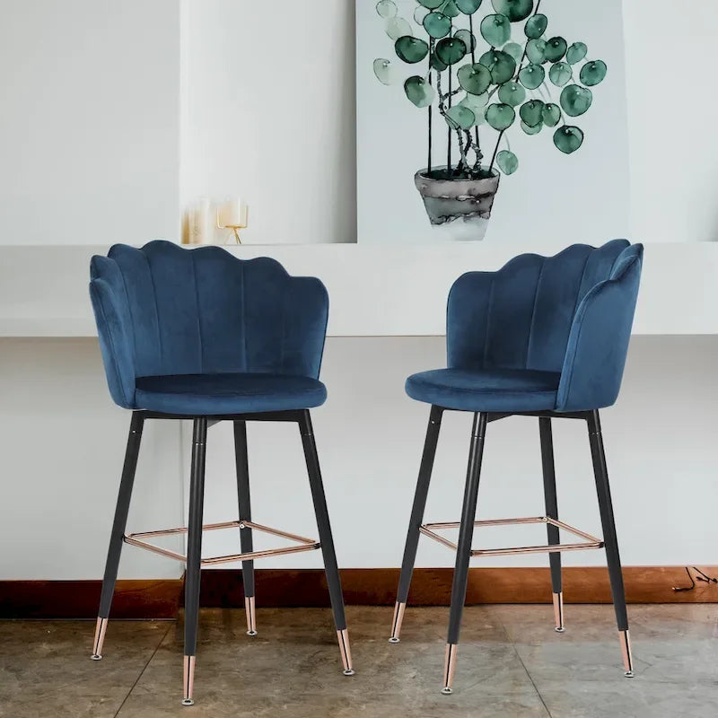 Sgabello da bar in velluto blu navy/grigio, set da 2