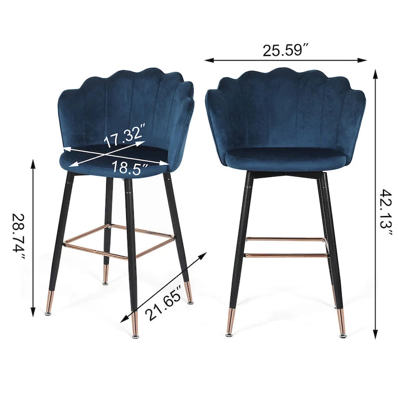 Sgabello da bar in velluto blu navy/grigio, set da 2