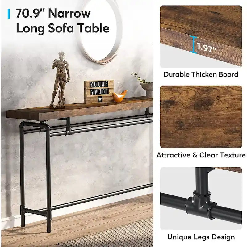 Consolle marrone rustico e nero, piano in legno, stile industriale, montaggio da 1 persona