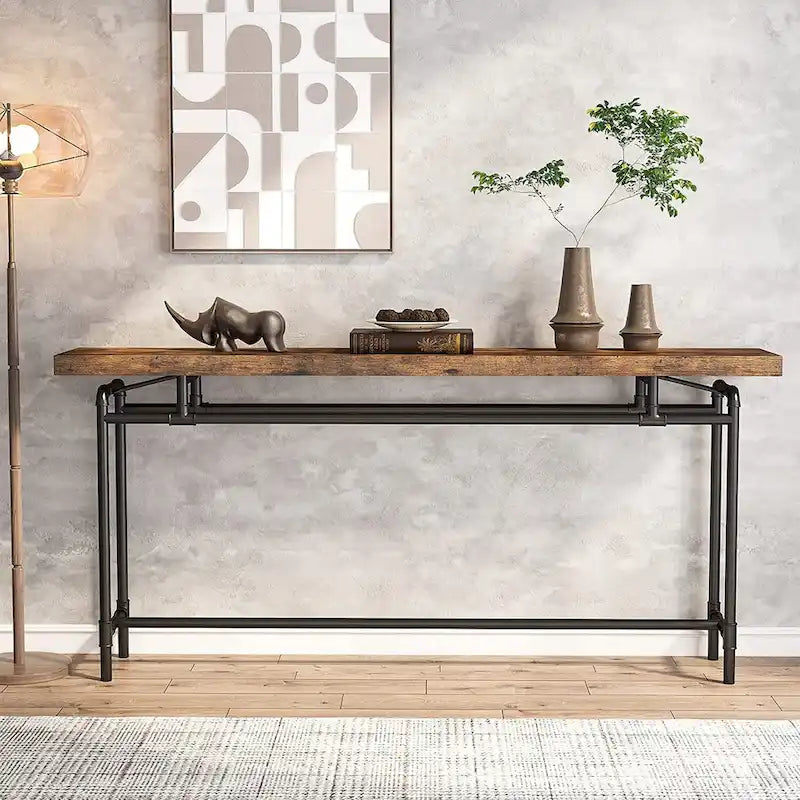 Consolle marrone rustico e nero, piano in legno, stile industriale, montaggio da 1 persona