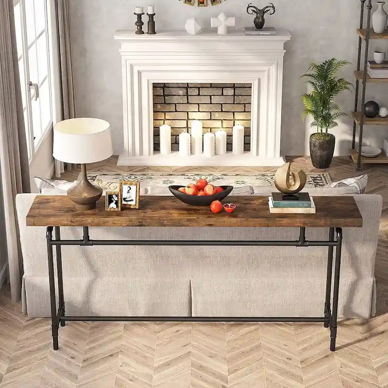 Consolle marrone rustico e nero, piano in legno, stile industriale, montaggio da 1 persona