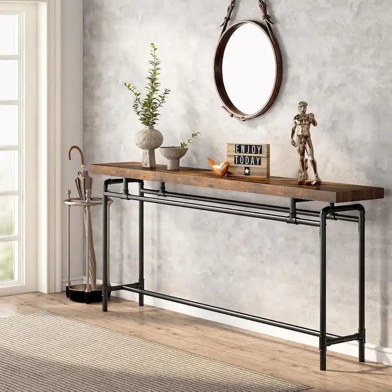 Consolle marrone rustico e nero, piano in legno, stile industriale, montaggio da 1 persona