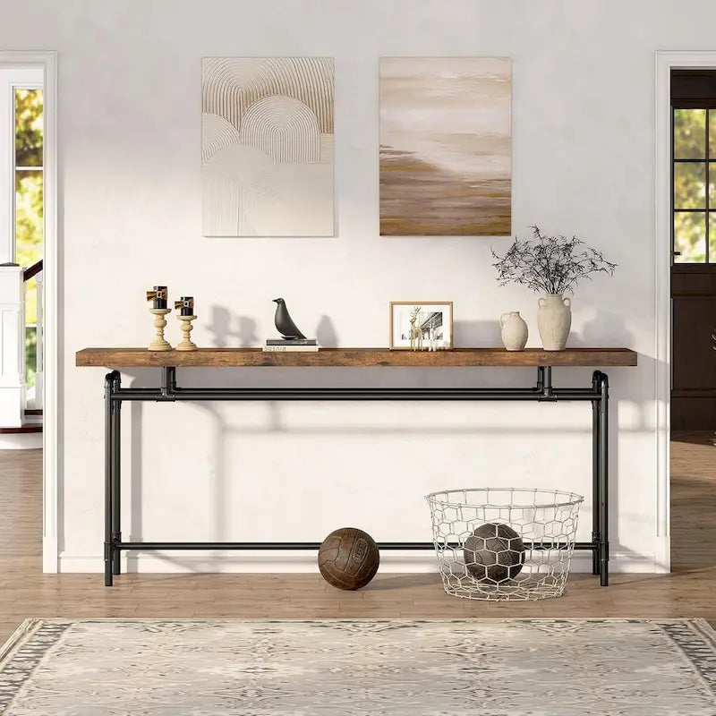 Consolle marrone rustico e nero, piano in legno, stile industriale, montaggio da 1 persona