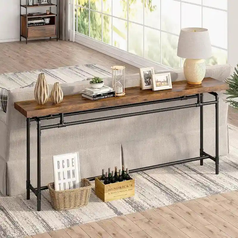 Consolle marrone rustico e nero, piano in legno, stile industriale, montaggio da 1 persona