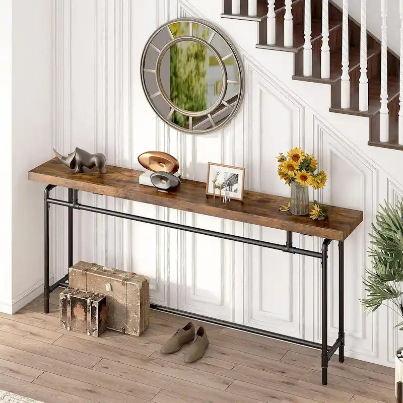 Consolle marrone rustico e nero, piano in legno, stile industriale, montaggio da 1 persona