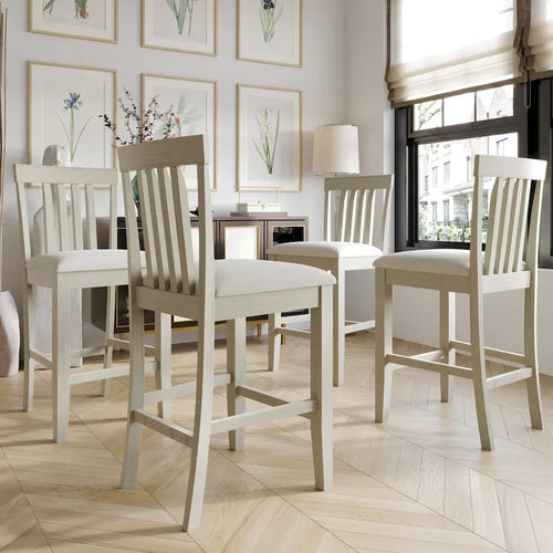 Set da pranzo anticato grigio ad altezza bancone per 5 persone, con schienale a pioli