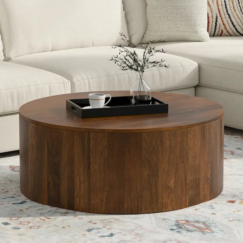 Tavolino rotondo con base a tamburo, in finitura bianco decapato/noce scuro/nero/naturale, per 4 persone
