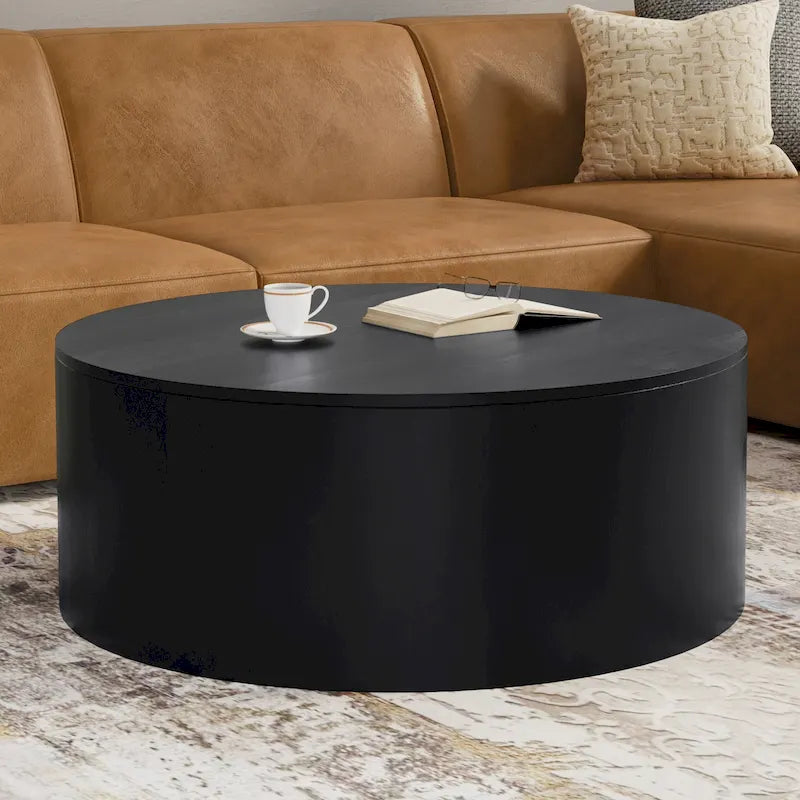 Tavolino rotondo con base a tamburo, in finitura bianco decapato/noce scuro/nero/naturale, per 4 persone