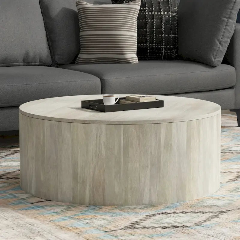 Tavolino rotondo con base a tamburo, in finitura bianco decapato/noce scuro/nero/naturale, per 4 persone