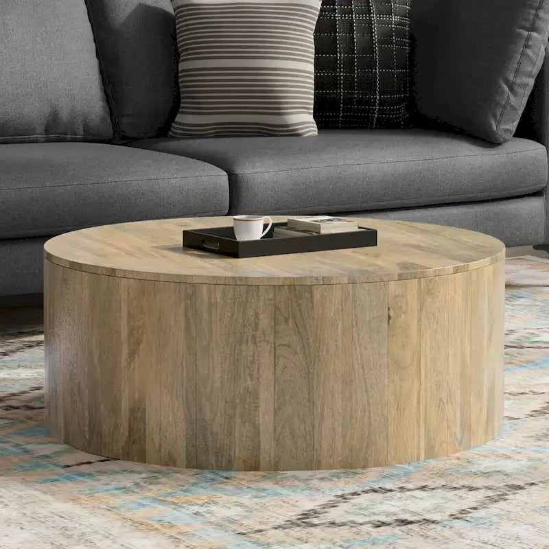 Tavolino rotondo con base a tamburo, in finitura bianco decapato/noce scuro/nero/naturale, per 4 persone