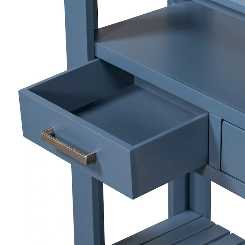 Tavolo Consolle con 4 Cassetti e 2 Ripiani – Nero / Blu Marino / Bianco, Posti a Sedere per 2