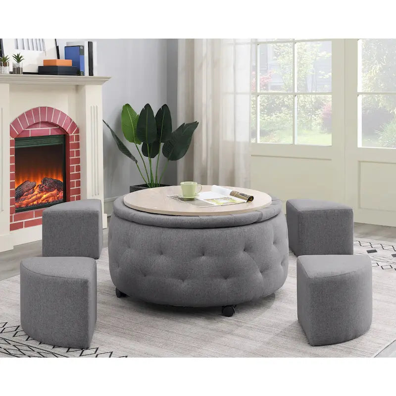 Set di pouf contenitori rotondi grigio scuro / grigio chiaro, 1+4 pezzi