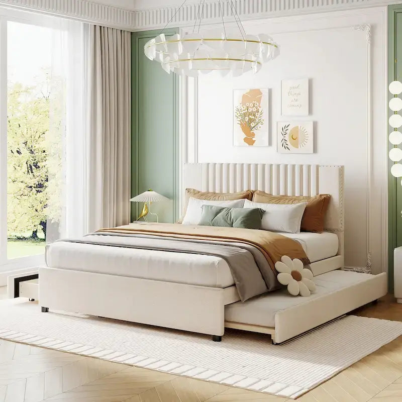 Letto a piattaforma imbottito beige/grigio con 2 cassetti e letto estraibile Twin XL, capacità 2