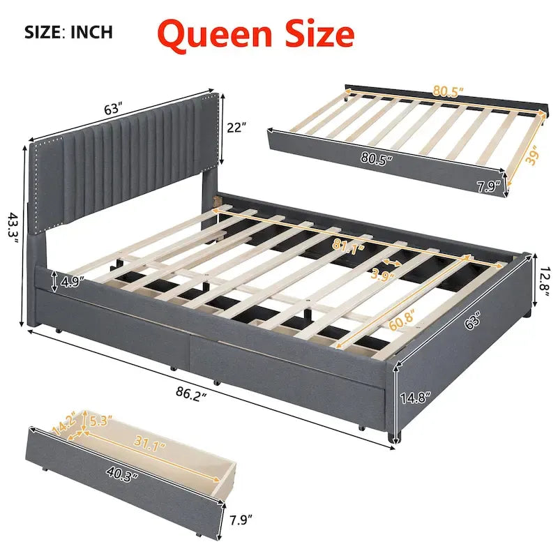 Letto a piattaforma imbottito beige/grigio con 2 cassetti e letto estraibile Twin XL, capacità 2