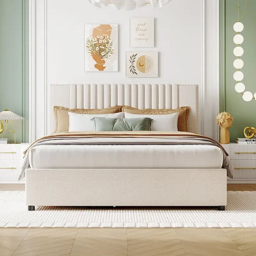 Letto a piattaforma imbottito beige/grigio con 2 cassetti e letto estraibile Twin XL, capacità 2