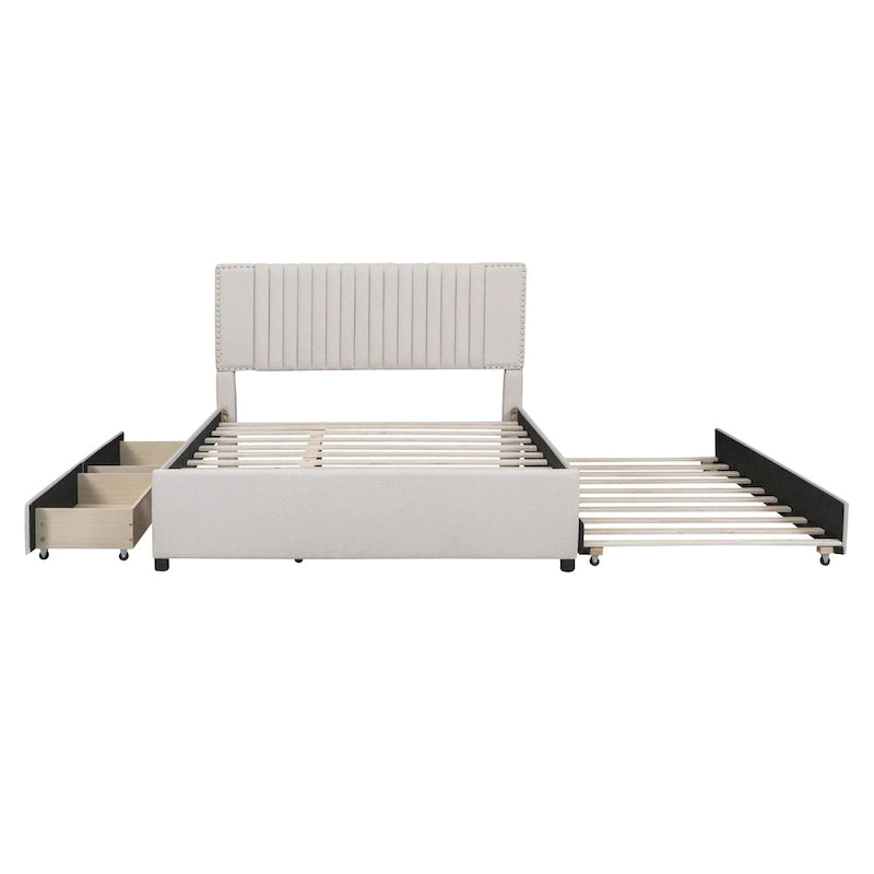 Letto a piattaforma imbottito beige/grigio con 2 cassetti e letto estraibile Twin XL, capacità 2