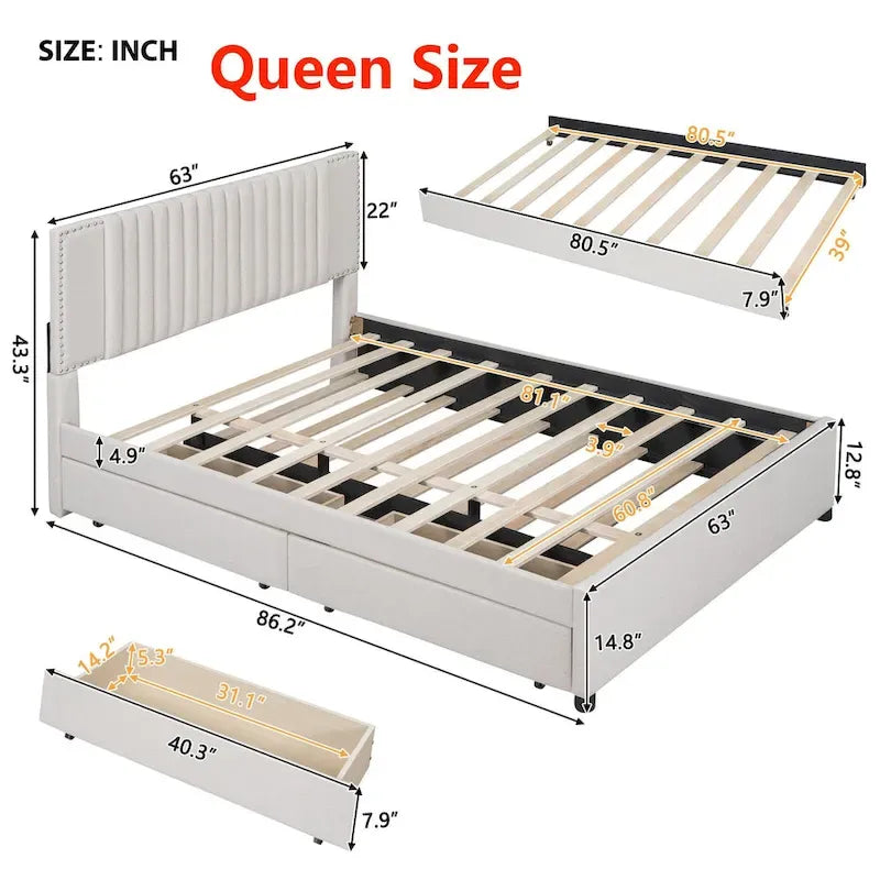 Letto a piattaforma imbottito beige/grigio con 2 cassetti e letto estraibile Twin XL, capacità 2