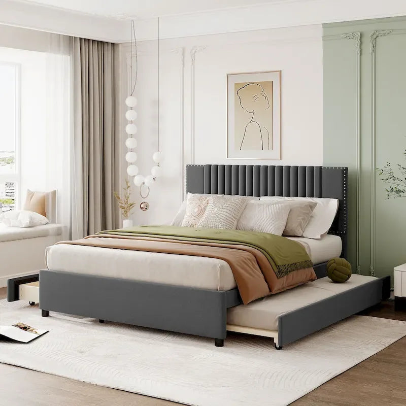 Letto a piattaforma imbottito beige/grigio con 2 cassetti e letto estraibile Twin XL, capacità 2