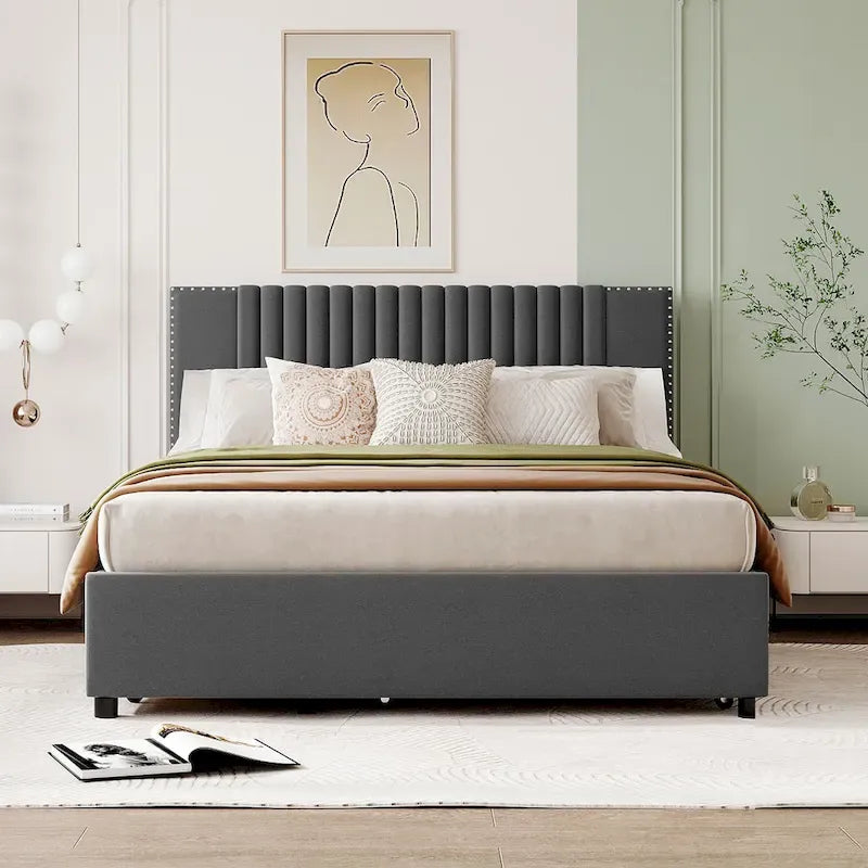 Letto a piattaforma imbottito beige/grigio con 2 cassetti e letto estraibile Twin XL, capacità 2