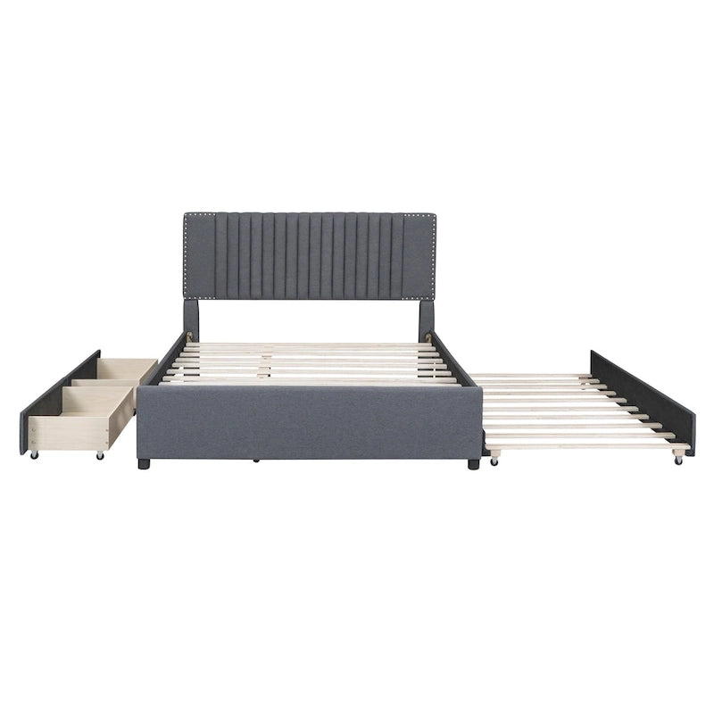 Letto a piattaforma imbottito beige/grigio con 2 cassetti e letto estraibile Twin XL, capacità 2