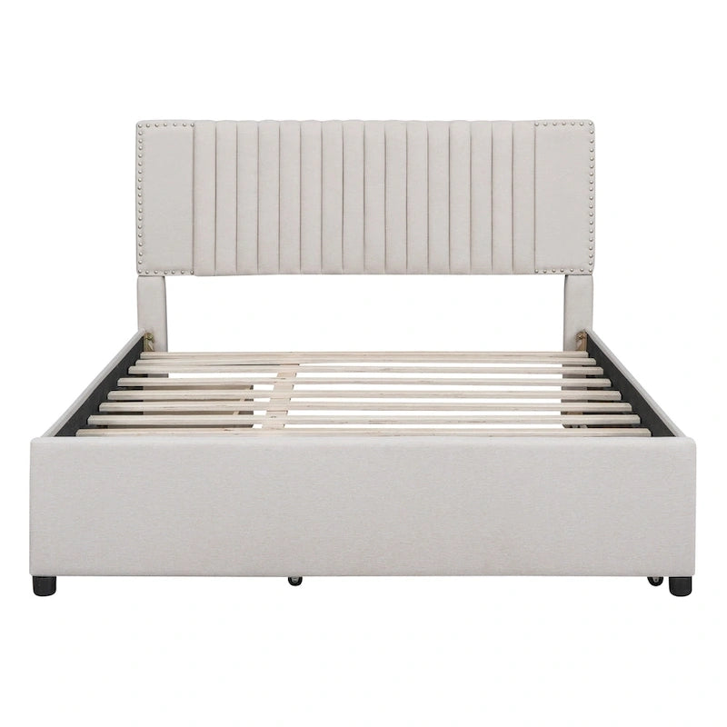 Letto a piattaforma imbottito beige/grigio con 2 cassetti e letto estraibile Twin XL, capacità 2
