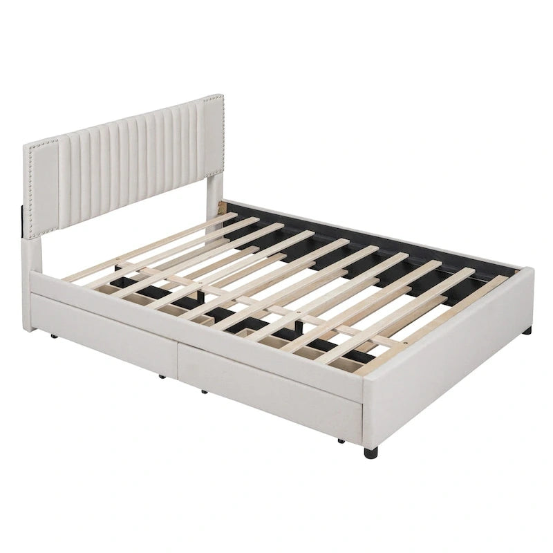 Letto a piattaforma imbottito beige/grigio con 2 cassetti e letto estraibile Twin XL, capacità 2