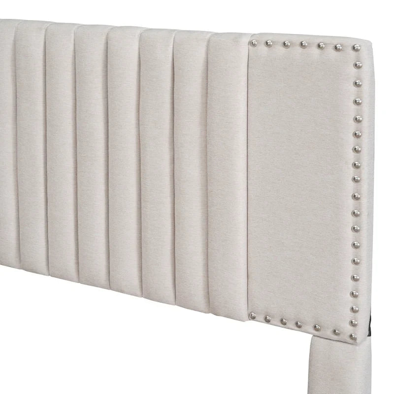 Letto a piattaforma imbottito beige/grigio con 2 cassetti e letto estraibile Twin XL, capacità 2