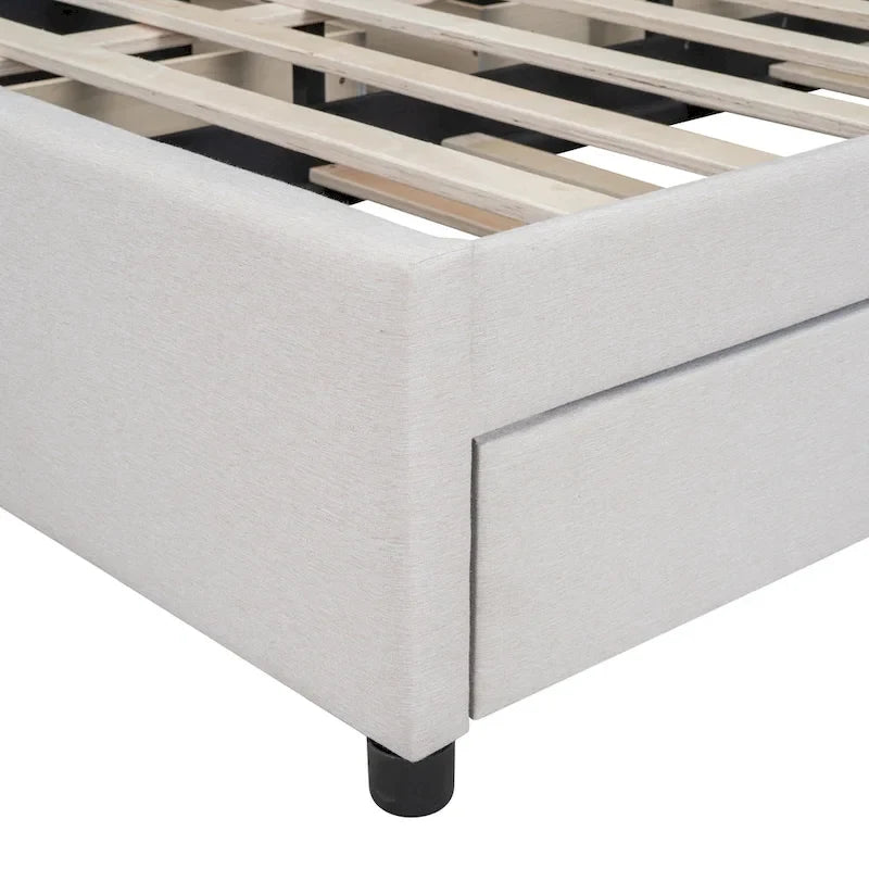 Letto a piattaforma imbottito beige/grigio con 2 cassetti e letto estraibile Twin XL, capacità 2