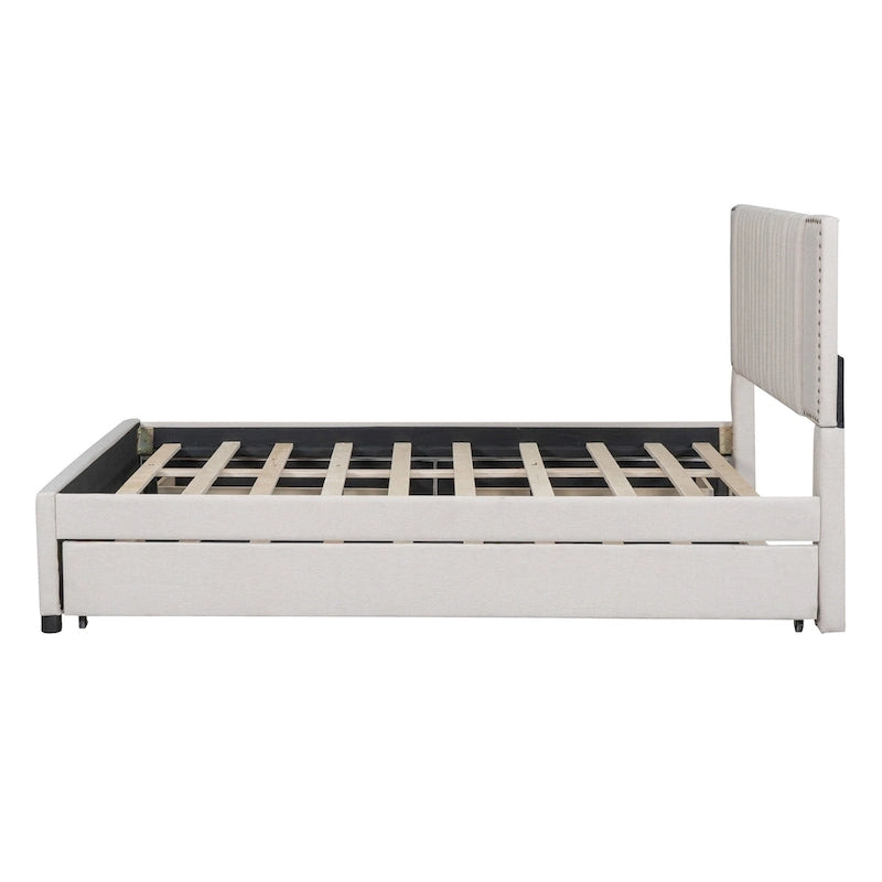 Letto a piattaforma imbottito beige/grigio con 2 cassetti e letto estraibile Twin XL, capacità 2