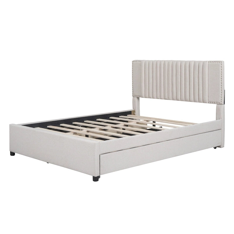 Letto a piattaforma imbottito beige/grigio con 2 cassetti e letto estraibile Twin XL, capacità 2