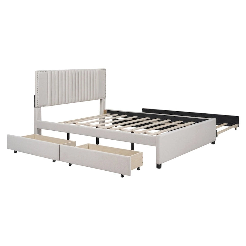 Letto a piattaforma imbottito beige/grigio con 2 cassetti e letto estraibile Twin XL, capacità 2