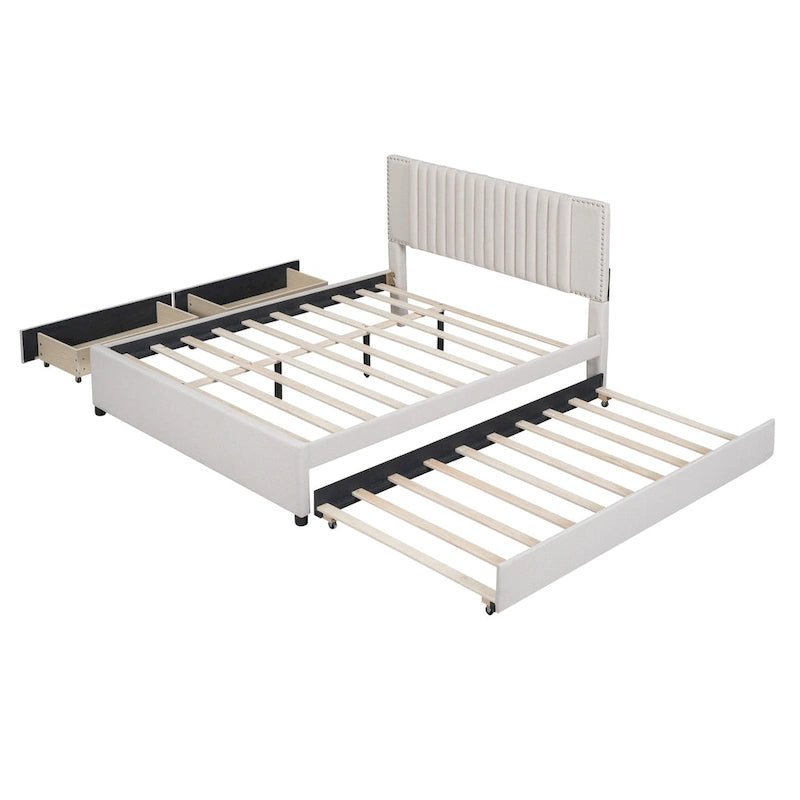 Letto a piattaforma imbottito beige/grigio con 2 cassetti e letto estraibile Twin XL, capacità 2