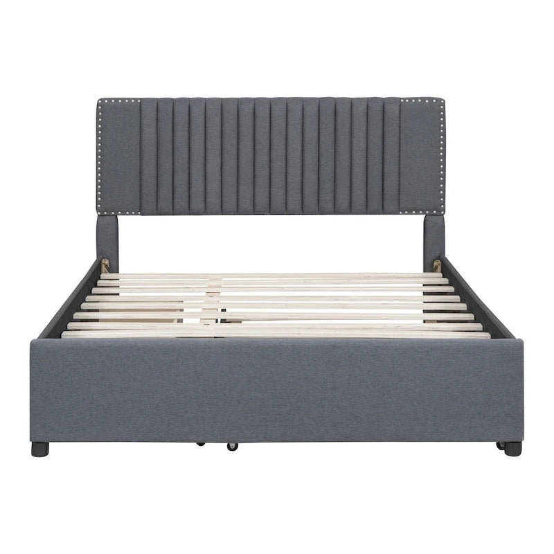 Letto a piattaforma imbottito beige/grigio con 2 cassetti e letto estraibile Twin XL, capacità 2