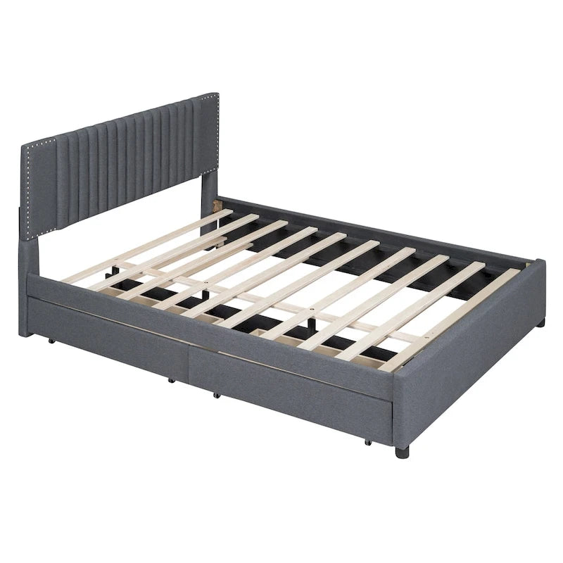 Letto a piattaforma imbottito beige/grigio con 2 cassetti e letto estraibile Twin XL, capacità 2