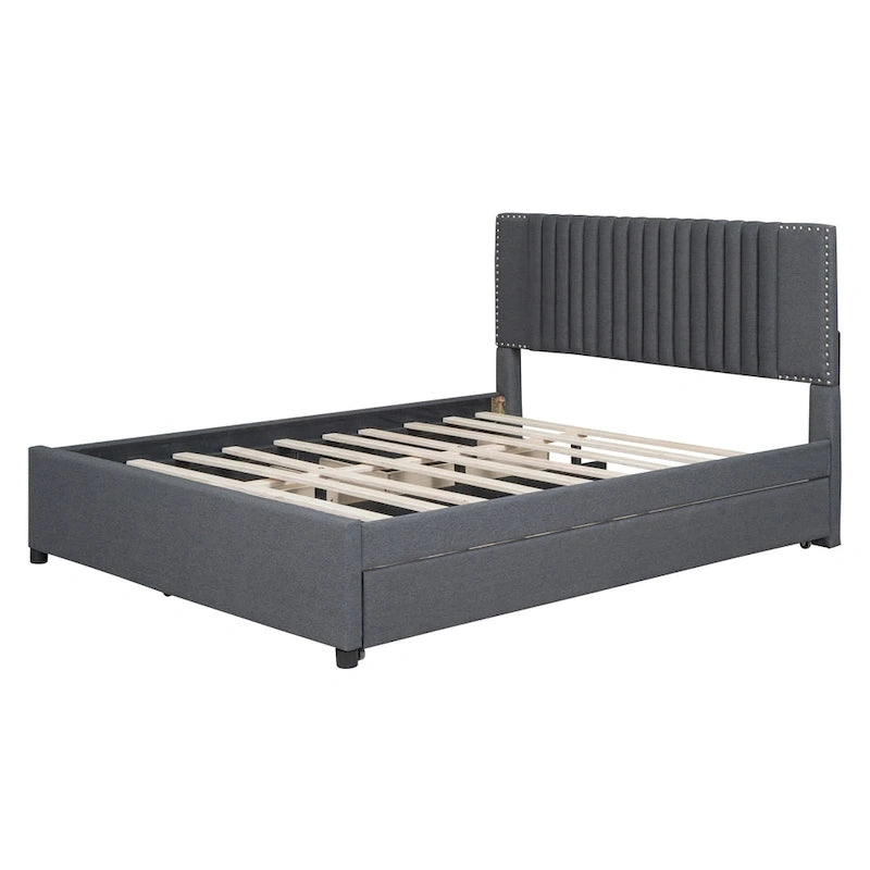 Letto a piattaforma imbottito beige/grigio con 2 cassetti e letto estraibile Twin XL, capacità 2