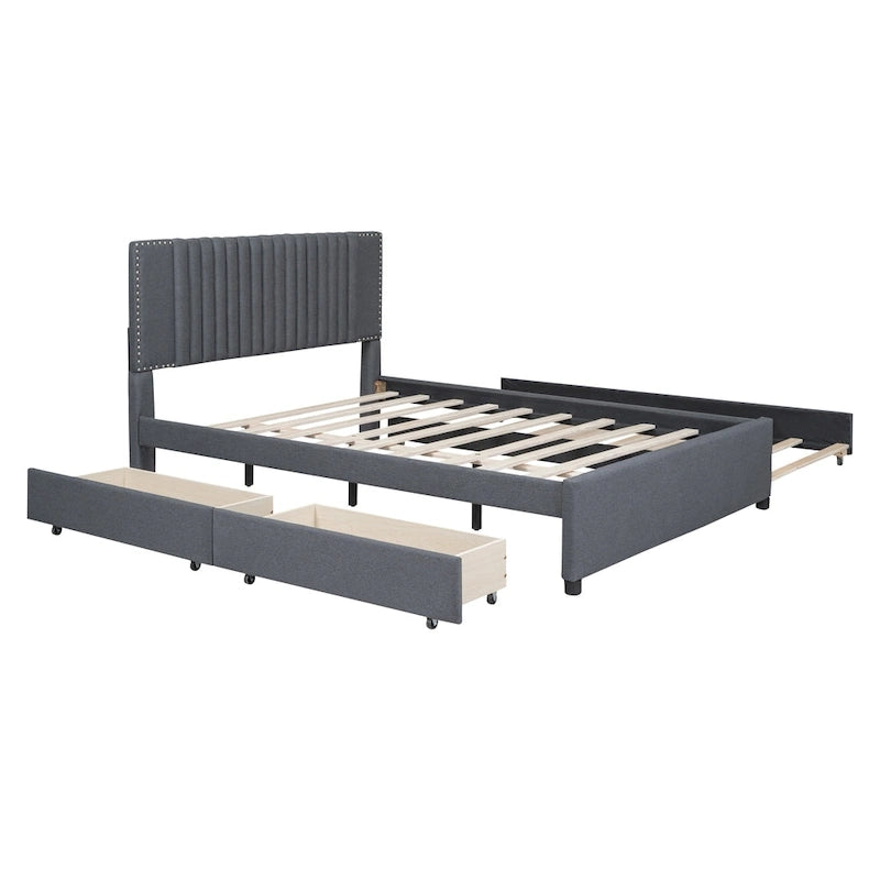 Letto a piattaforma imbottito beige/grigio con 2 cassetti e letto estraibile Twin XL, capacità 2