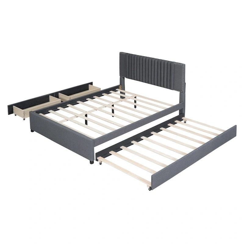 Letto a piattaforma imbottito beige/grigio con 2 cassetti e letto estraibile Twin XL, capacità 2