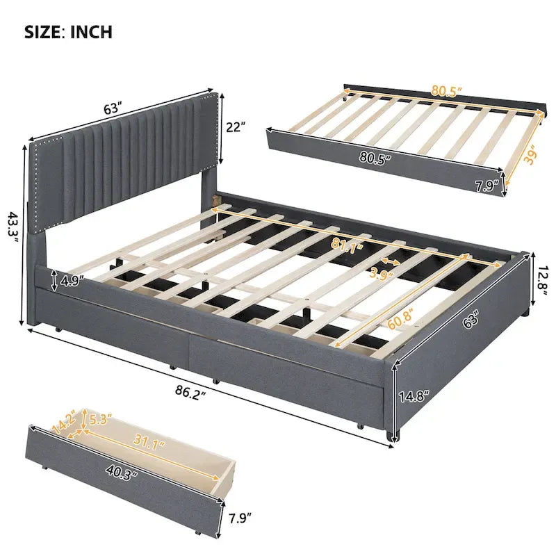 Letto a piattaforma imbottito beige/grigio con 2 cassetti e letto estraibile Twin XL, capacità 2