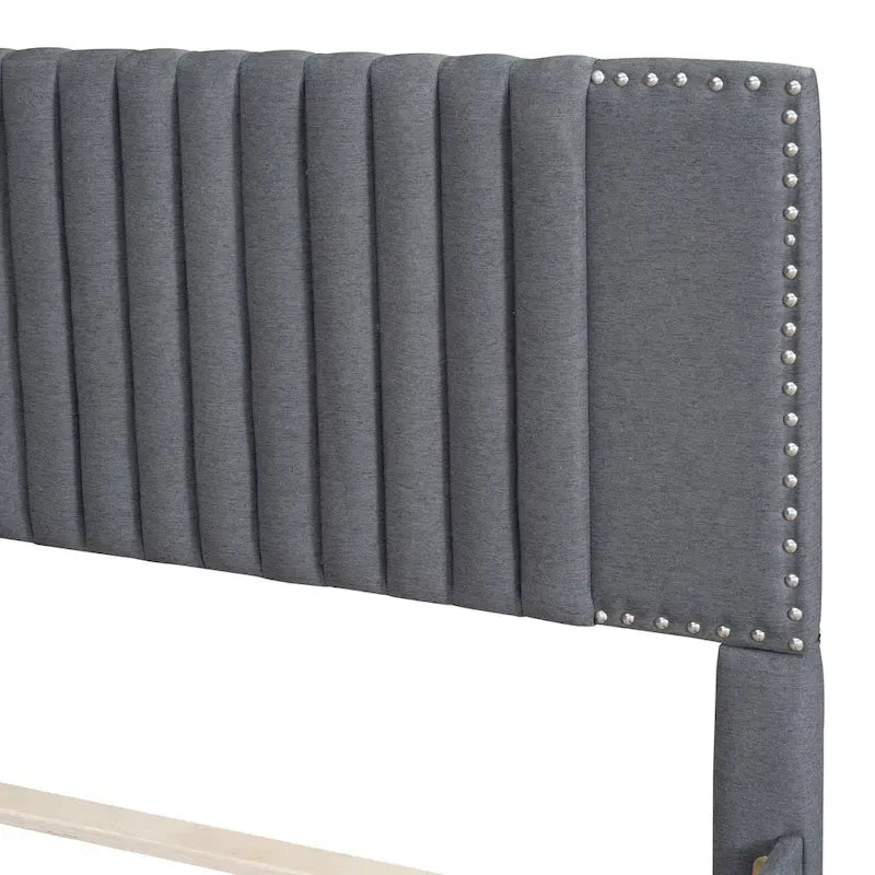 Letto a piattaforma imbottito beige/grigio con 2 cassetti e letto estraibile Twin XL, capacità 2