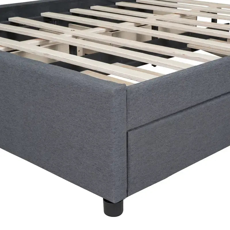 Letto a piattaforma imbottito beige/grigio con 2 cassetti e letto estraibile Twin XL, capacità 2