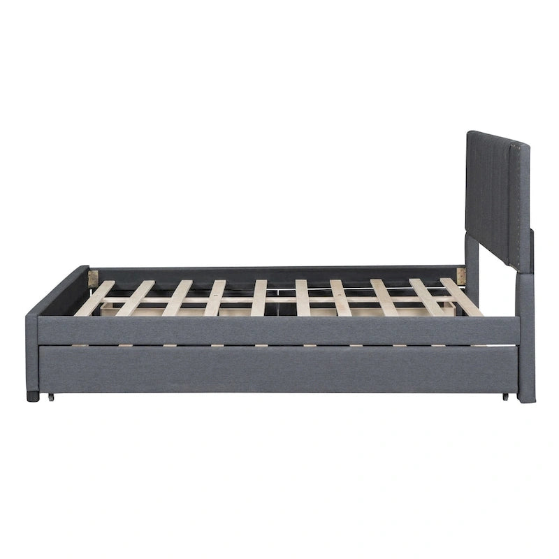 Letto a piattaforma imbottito beige/grigio con 2 cassetti e letto estraibile Twin XL, capacità 2
