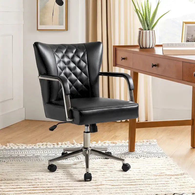 Sedia da ufficio girevole in pelle trapuntata, regolabile in altezza, sedile singolo – Nera / Blu scuro / Grigia / Marrone / Salvia / Cammello