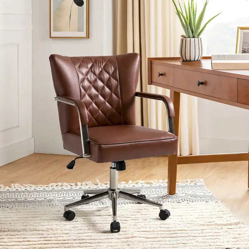 Sedia da ufficio girevole in pelle trapuntata, regolabile in altezza, sedile singolo – Nera / Blu scuro / Grigia / Marrone / Salvia / Cammello