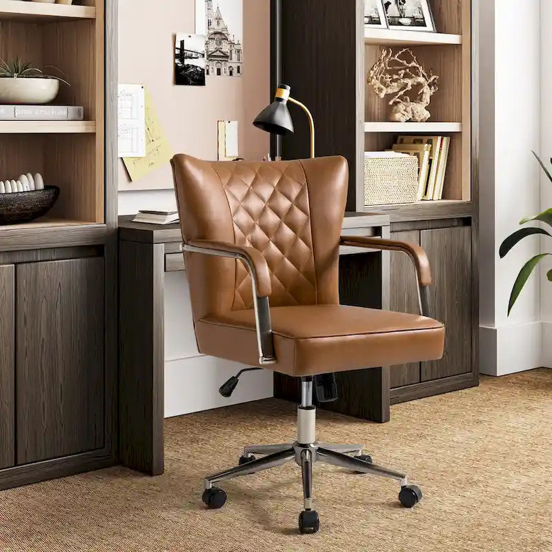 Sedia da ufficio girevole in pelle trapuntata, regolabile in altezza, sedile singolo – Nera / Blu scuro / Grigia / Marrone / Salvia / Cammello