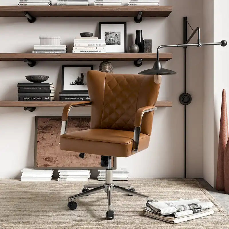 Sedia da ufficio girevole in pelle trapuntata, regolabile in altezza, sedile singolo – Nera / Blu scuro / Grigia / Marrone / Salvia / Cammello