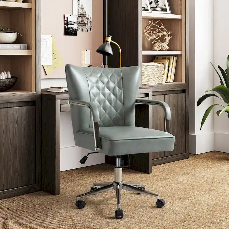 Sedia da ufficio girevole in pelle trapuntata, regolabile in altezza, sedile singolo – Nera / Blu scuro / Grigia / Marrone / Salvia / Cammello