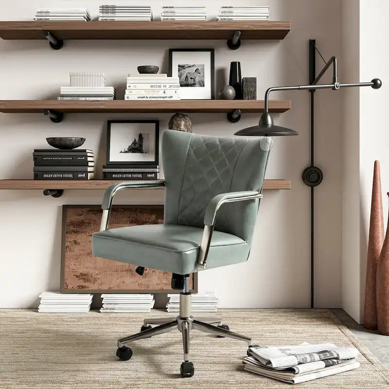 Sedia da ufficio girevole in pelle trapuntata, regolabile in altezza, sedile singolo – Nera / Blu scuro / Grigia / Marrone / Salvia / Cammello